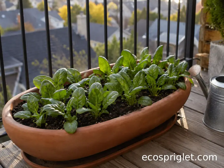 Healthy spinach growing four inches apart across a wide eight-inch-deep terracotta balcony planter.