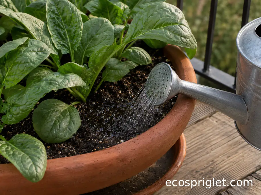 A metal watering can moistening the soil around mature spinach plants in a balcony pot.