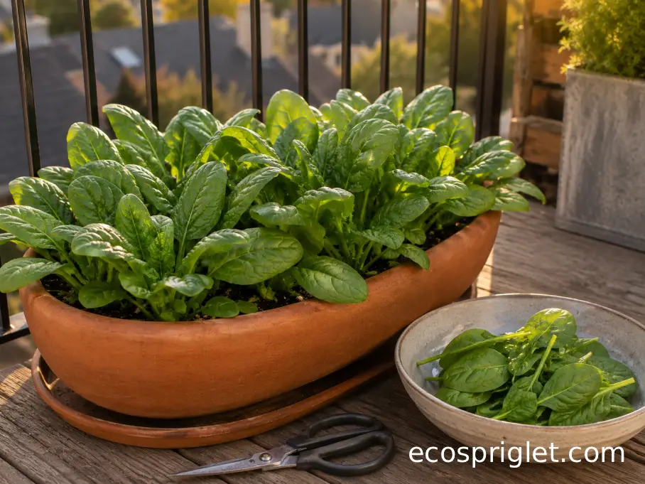 Harvest-ready spinach leaves filling a terracotta balcony container with small scissors beside the pot.