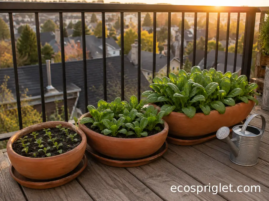 Three small spinach containers at different growth stages arranged along a wooden apartment terrace.