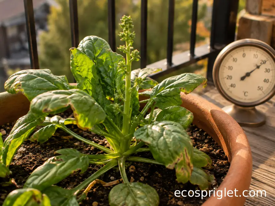 Spinach plant with an emerging flower stalk and a few heat-stressed leaves in a balcony container.