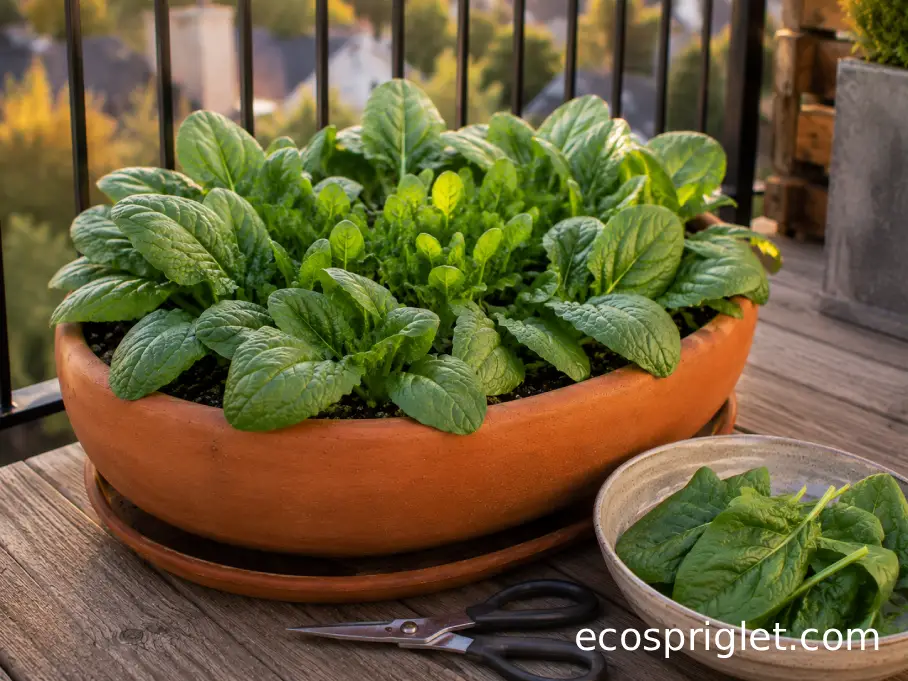 A compact balcony spinach planter with mature outer leaves and fresh young growth at the center.