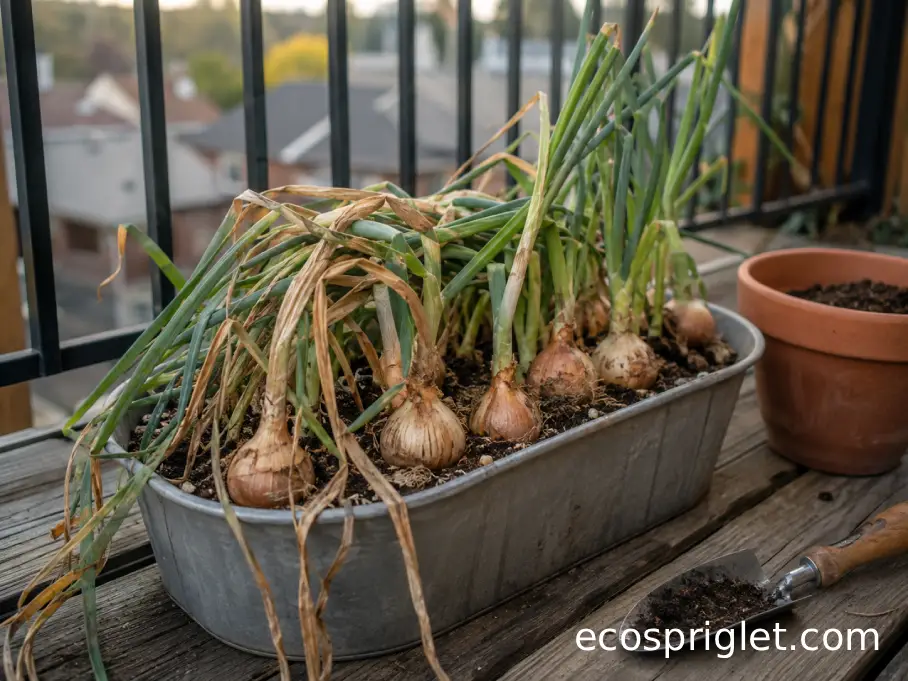 Mature container-grown onions with naturally fallen and drying tops on a small Portland terrace.