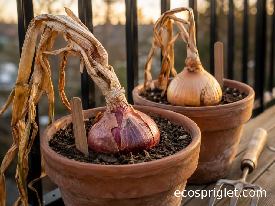 A ripe red onion and yellow onion showing dry fallen foliage in terracotta pots.