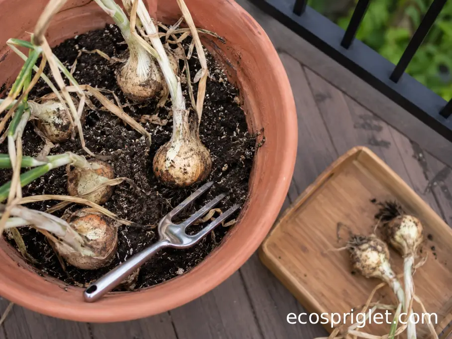 Fresh onion bulbs being gently loosened from dry potting mix with a small hand fork.