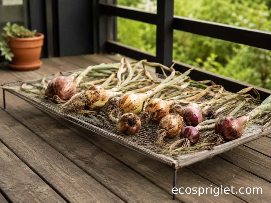Freshly harvested onions curing in a single layer on a ventilated rack on a covered terrace.