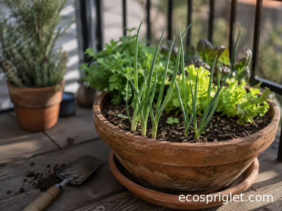 Young onions and leafy greens sharing a terracotta planter on a small wooden balcony.
