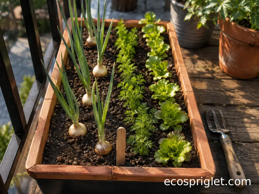 Bulb onions growing beside carrots and lettuce in a compact raised planter.