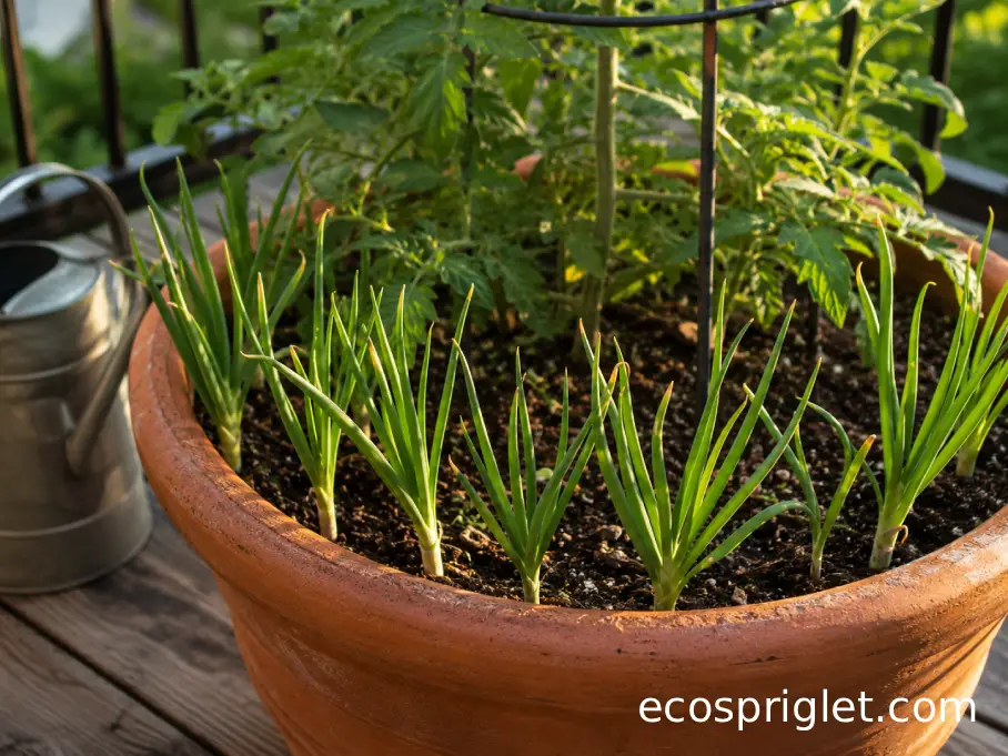 Green onions growing around the sunny edge of a large tomato container on a Portland balcony.