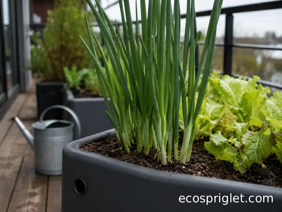 Green onions and young lettuce growing together in a shallow balcony planter with drainage holes.