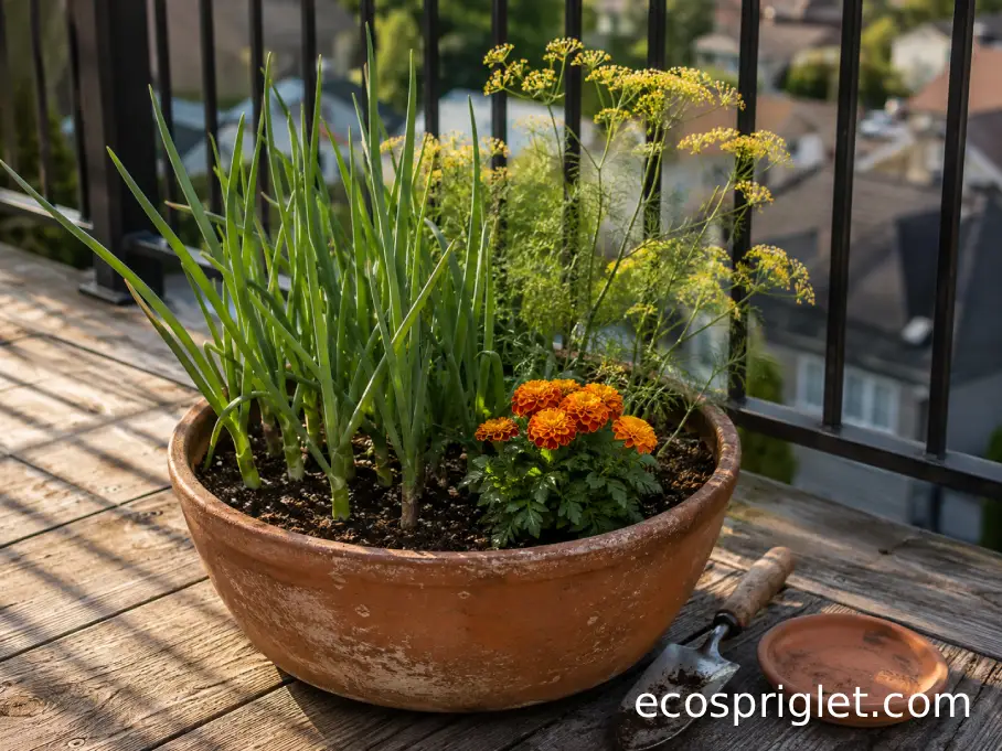 Onions growing beside flowering dill and compact marigolds in a sunny terrace planter.