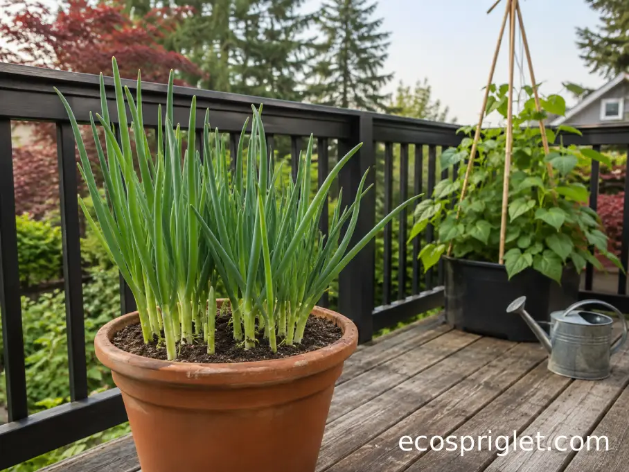 An onion planter kept separate from a nearby container of climbing beans on a small balcony.