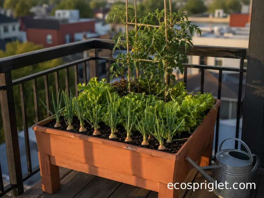 A compact raised planter arranged with onions at the sunny edge, lettuce inside, and a tomato at the back.