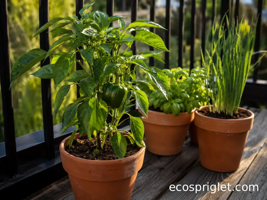 Bell pepper plant growing beside compact herbs in separate terracotta pots on a sunny balcony.