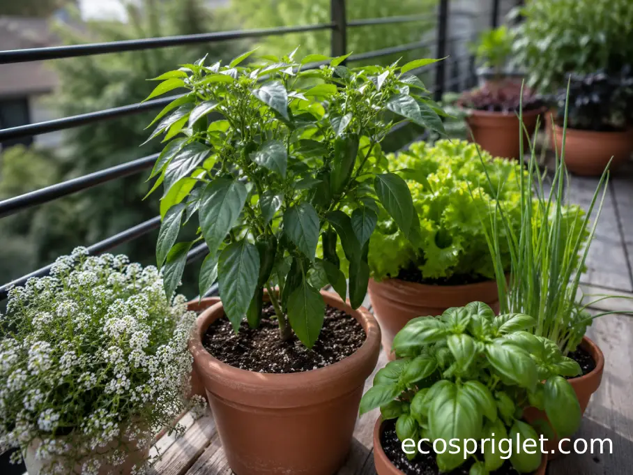 Pepper plant surrounded by basil, lettuce, scallions, and sweet alyssum in a compact terrace garden.