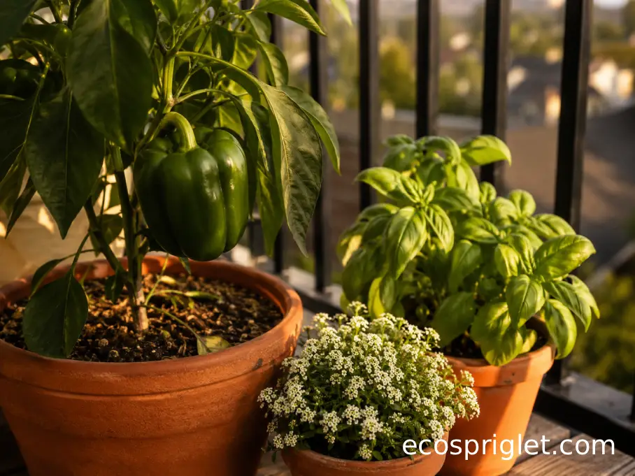Basil and sweet alyssum growing beside a fruiting pepper plant in terracotta balcony pots.