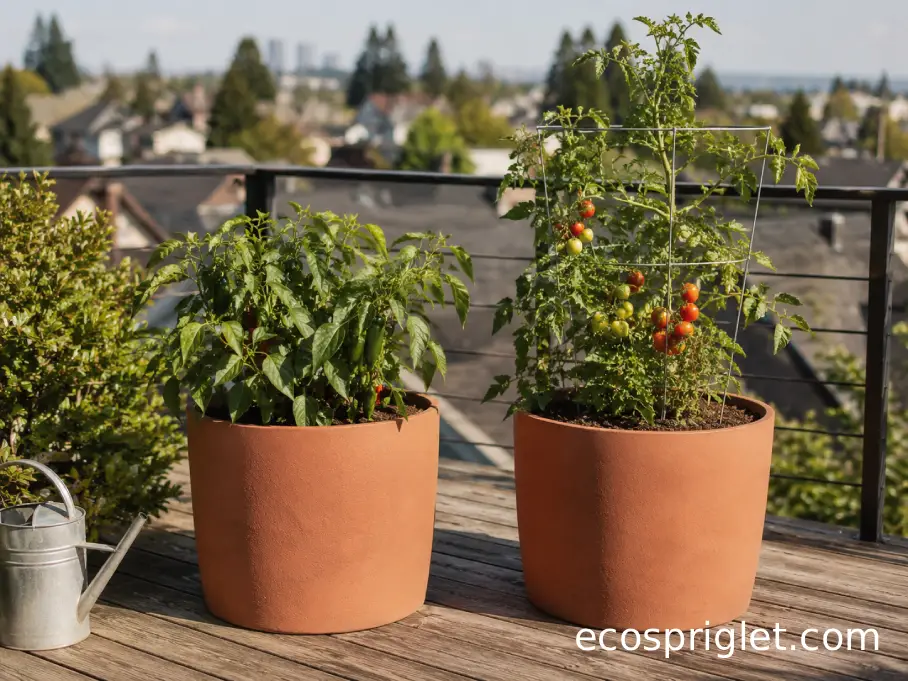Tomato and pepper plants growing in separate large containers beside each other on a sunny balcony.