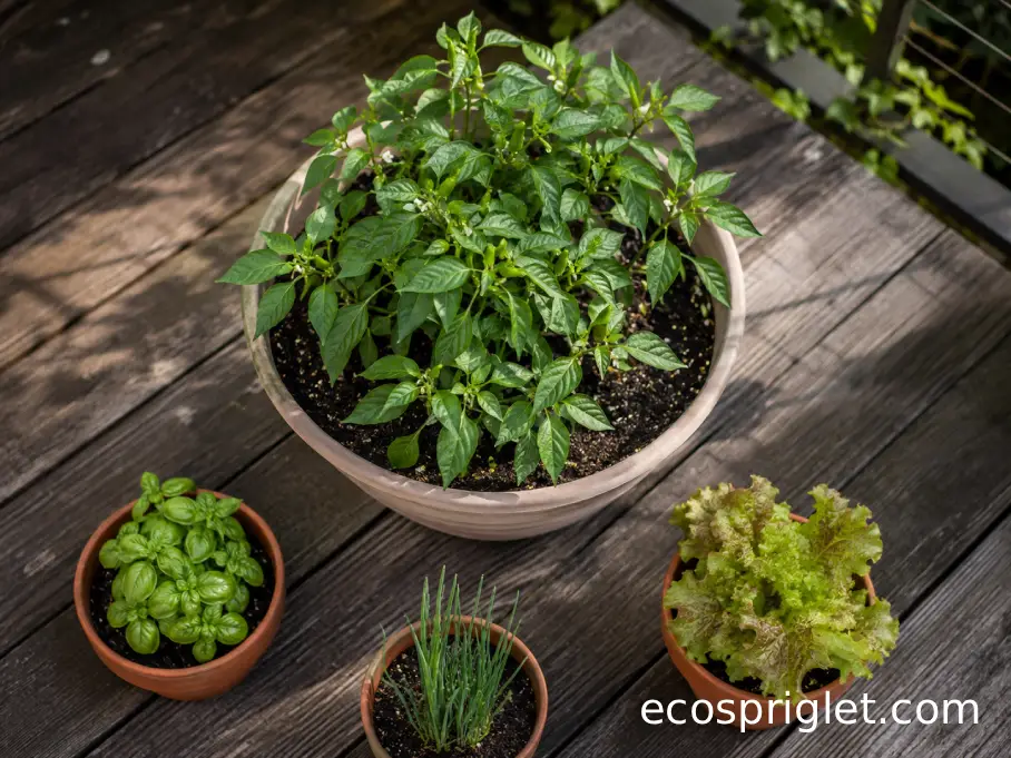 Pepper container positioned with small herb pots around its sunny outer edge on a terrace.