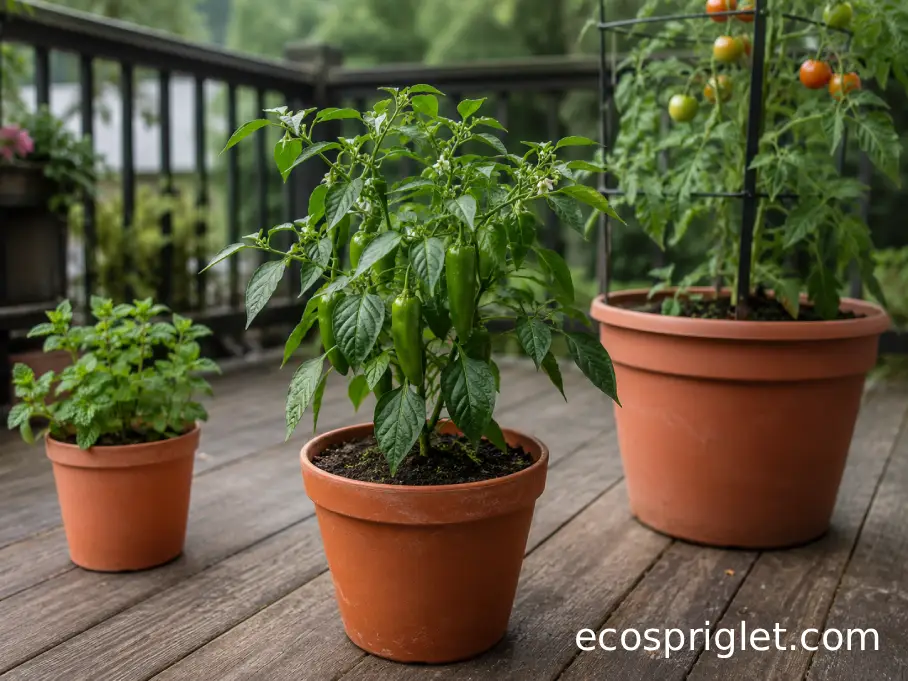 Well-spaced pepper pot beside separate tomato and mint containers on a clean balcony.