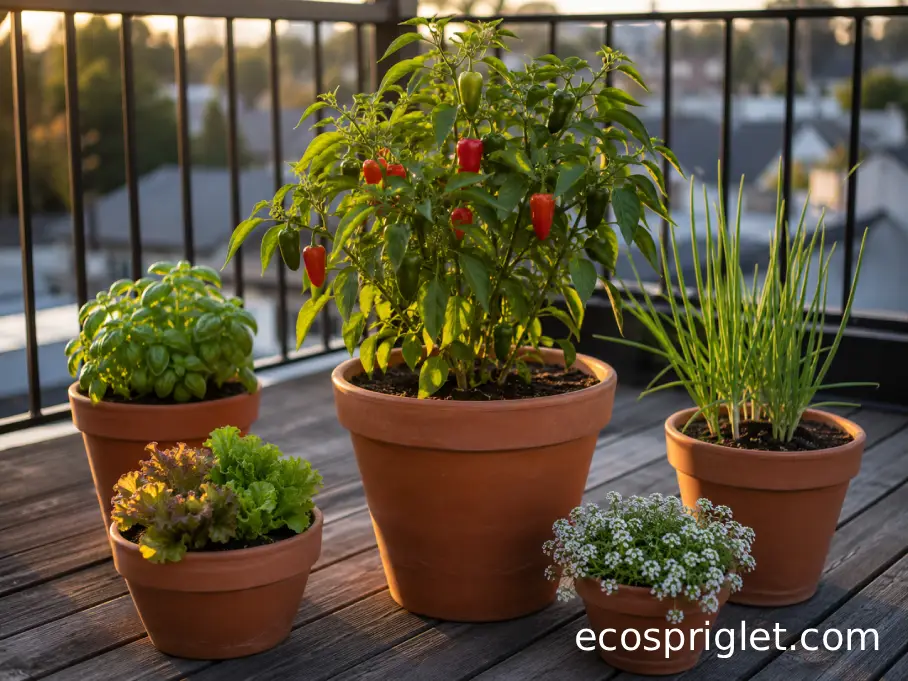 Pepper, basil, green onion, lettuce, and flowering pots arranged as a compact balcony garden.
