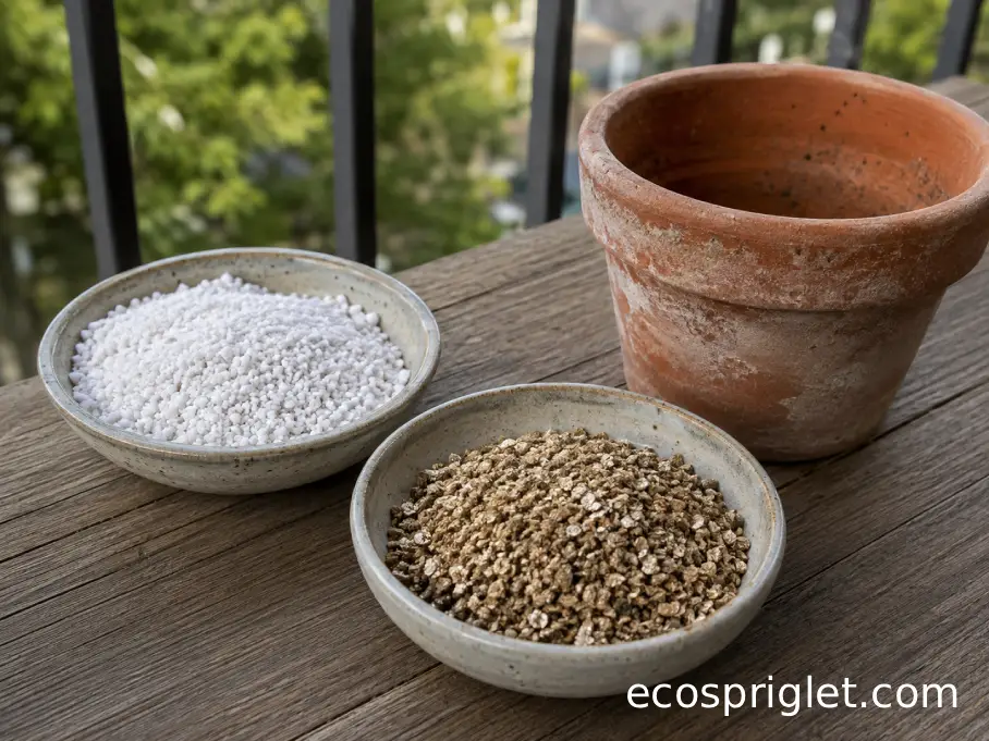 White perlite and golden vermiculite sit in separate bowls beside a terracotta pot.