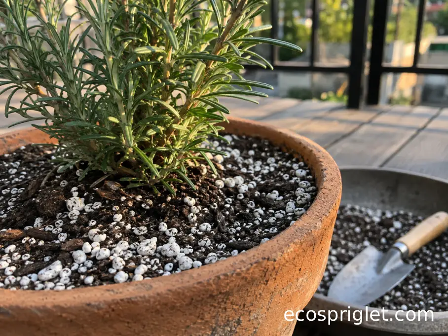 A rosemary plant grows in coarse potting mix containing visible white perlite.