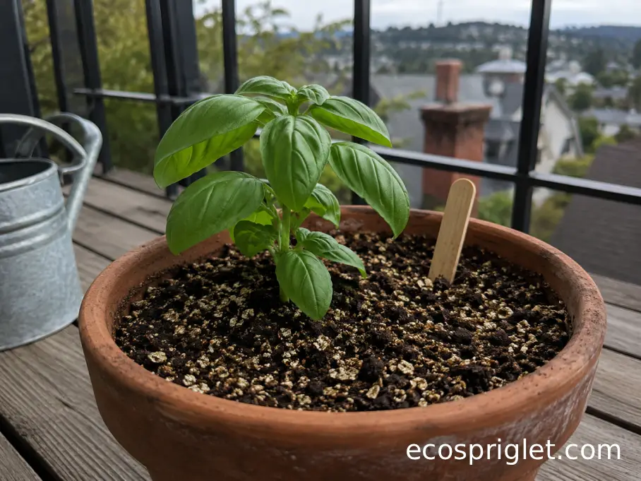 Golden vermiculite flakes retain moisture in the potting mix around a young basil plant.
