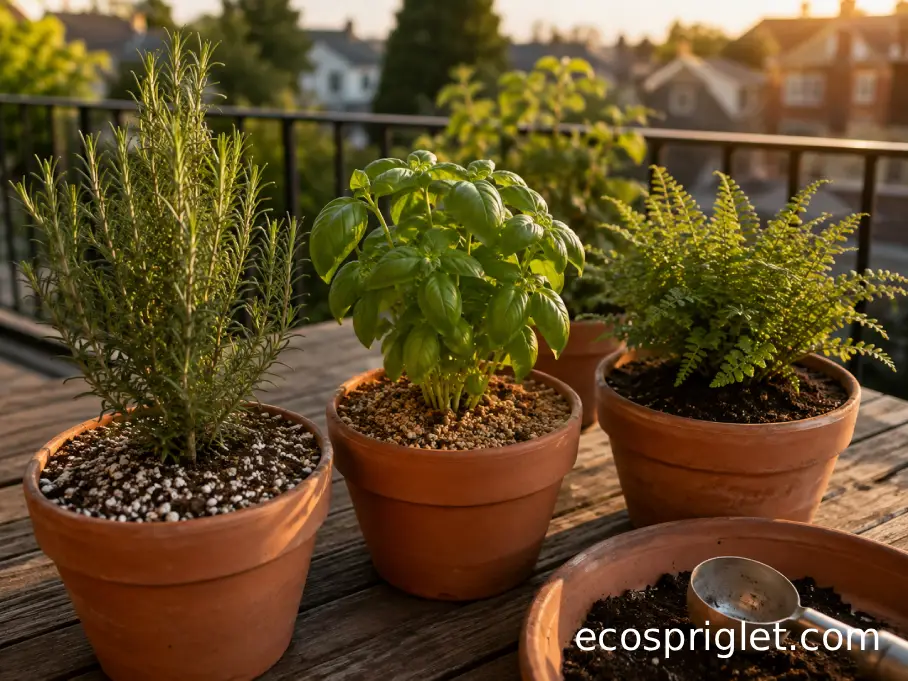 Rosemary, basil, and a fern grow in balcony pots with mixes adjusted for different moisture needs.