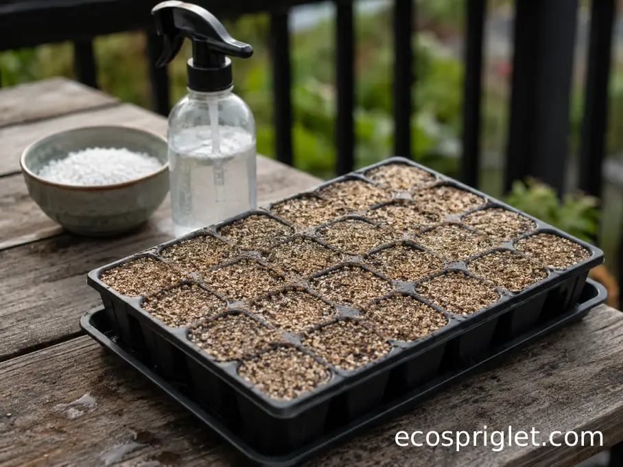 Newly sown seed cells are covered with a thin layer of fine vermiculite beside a bowl of perlite.