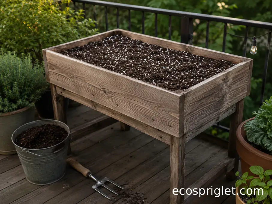 A compact terrace raised planter contains dark soil amended with visible white perlite.
