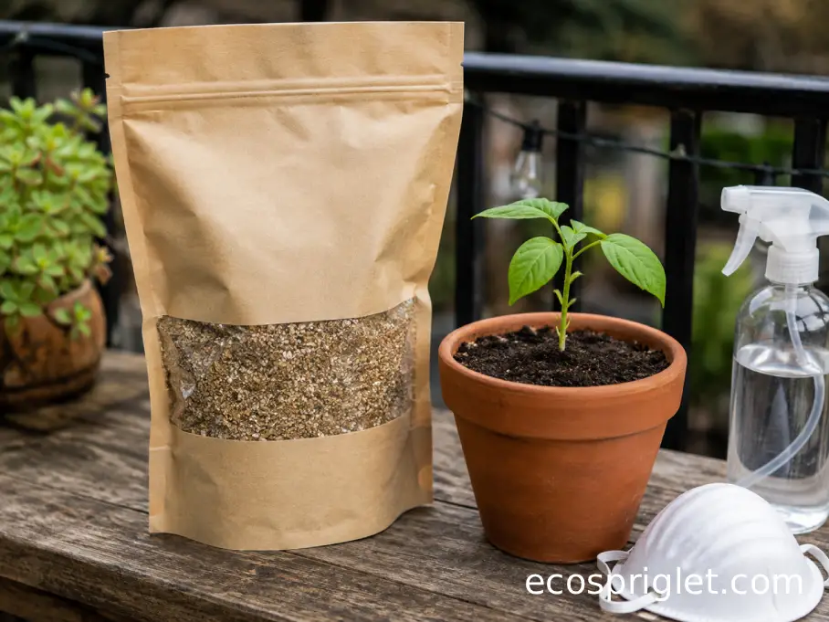 A sealed bag of horticultural vermiculite sits beside a seedling, dust mask, and misting bottle.