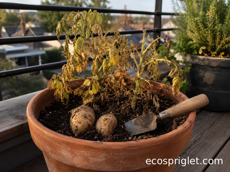 Yellowing potato foliage in a terracotta container beside freshly exposed mature potato tubers.