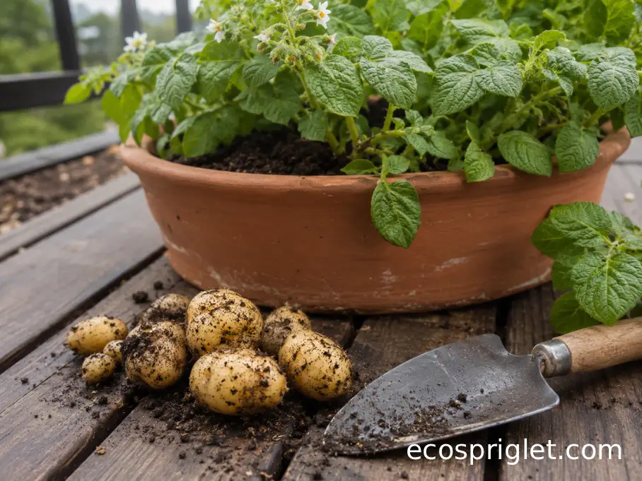 Small new potatoes beside a still-green flowering potato plant growing in a balcony container.