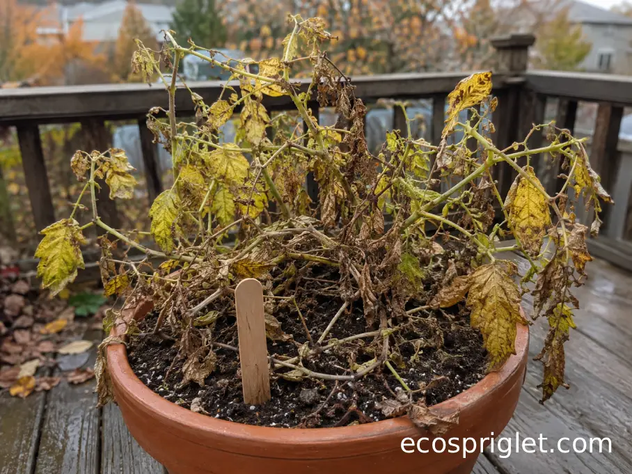 A mature potato plant with yellow, brown, and collapsed foliage in a large patio pot.