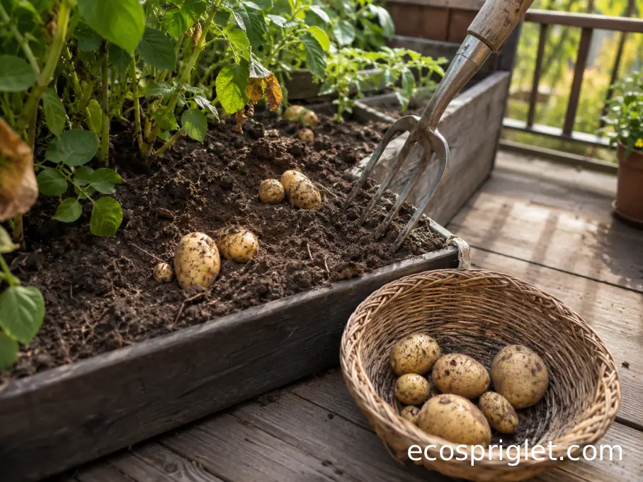 A garden fork loosening dry soil beside several intact potatoes on a small terrace.