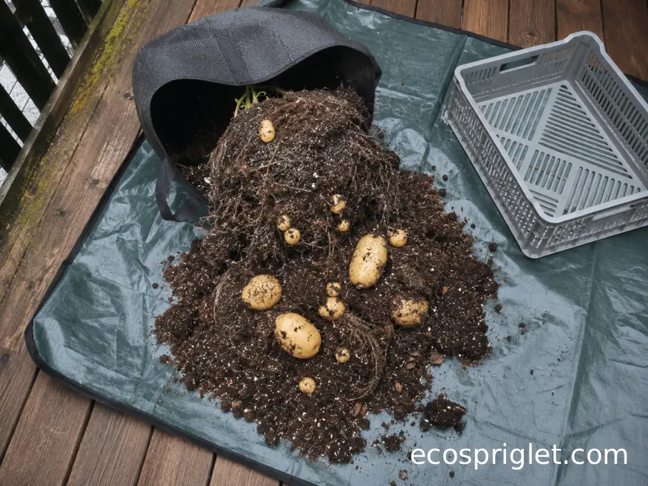 An opened potato grow bag tipped onto a tarp with tubers visible in loose potting mix.