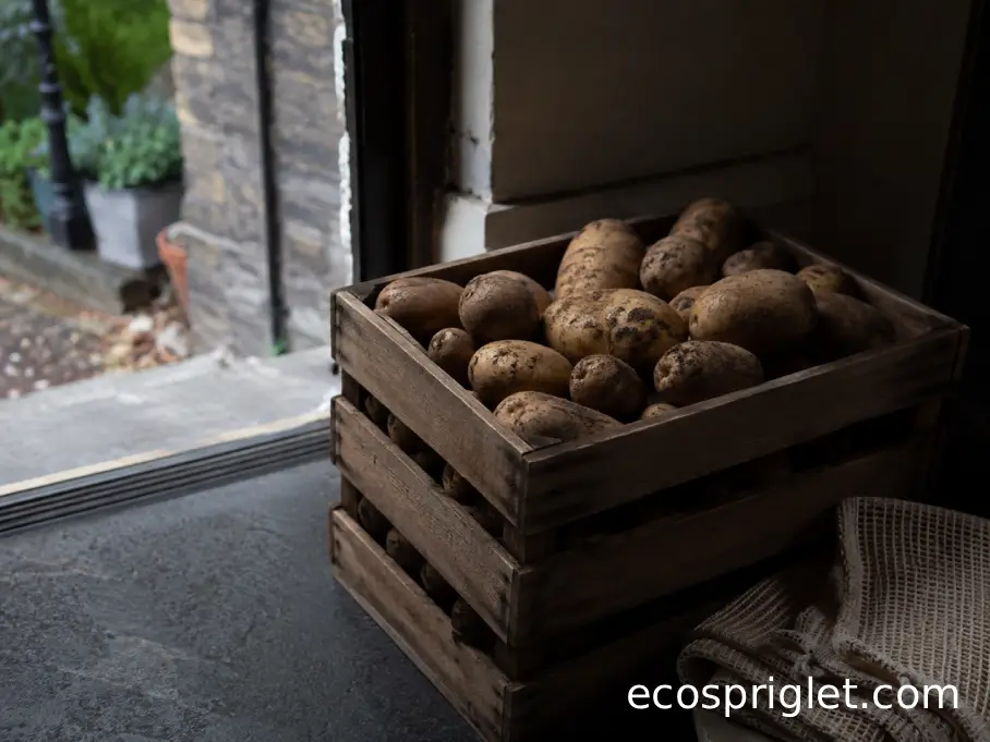 Freshly harvested potatoes curing in a ventilated crate in a shaded storage area.