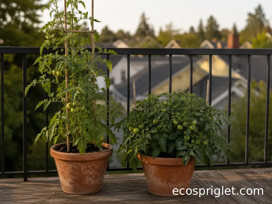 Indeterminate and compact determinate tomato plants growing side by side in terracotta containers on a balcony.