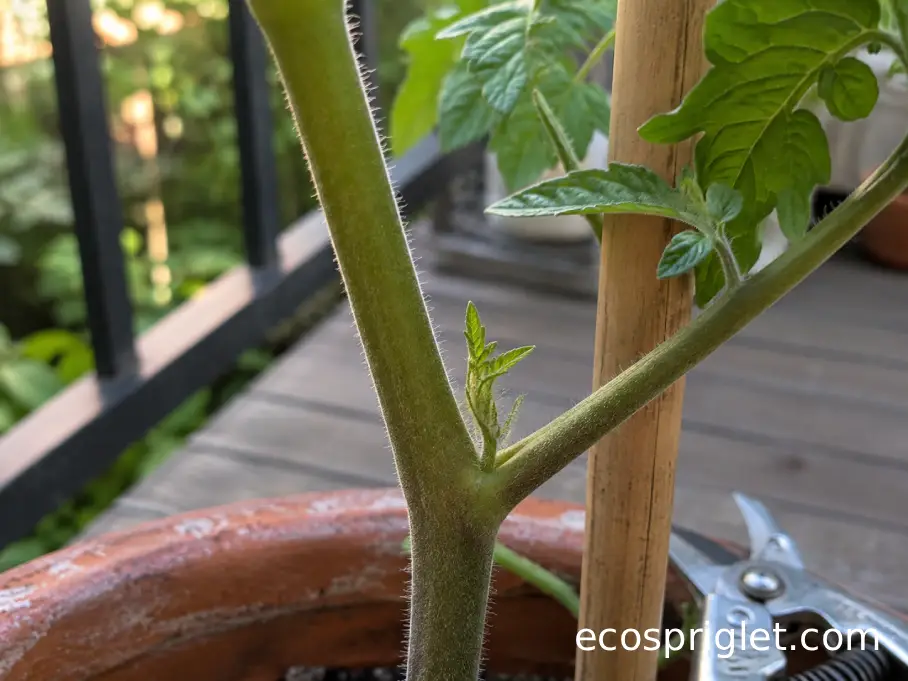 Young tomato sucker ready to be pinched from an indeterminate tomato plant supported by a stake.