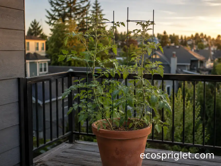 Tall container tomato with an open canopy and two neatly supported main stems on a small terrace.