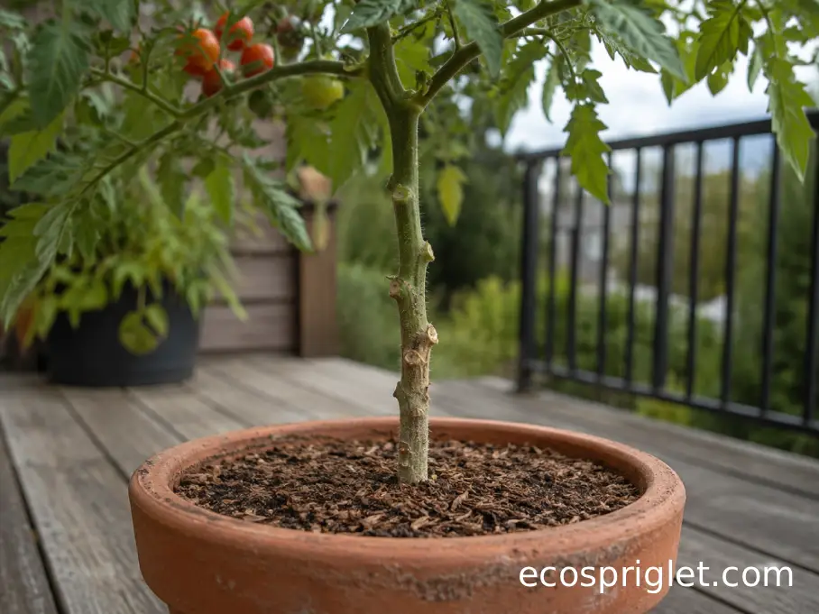 Container tomato with lower foliage cleared above the potting mix to improve space around the base.