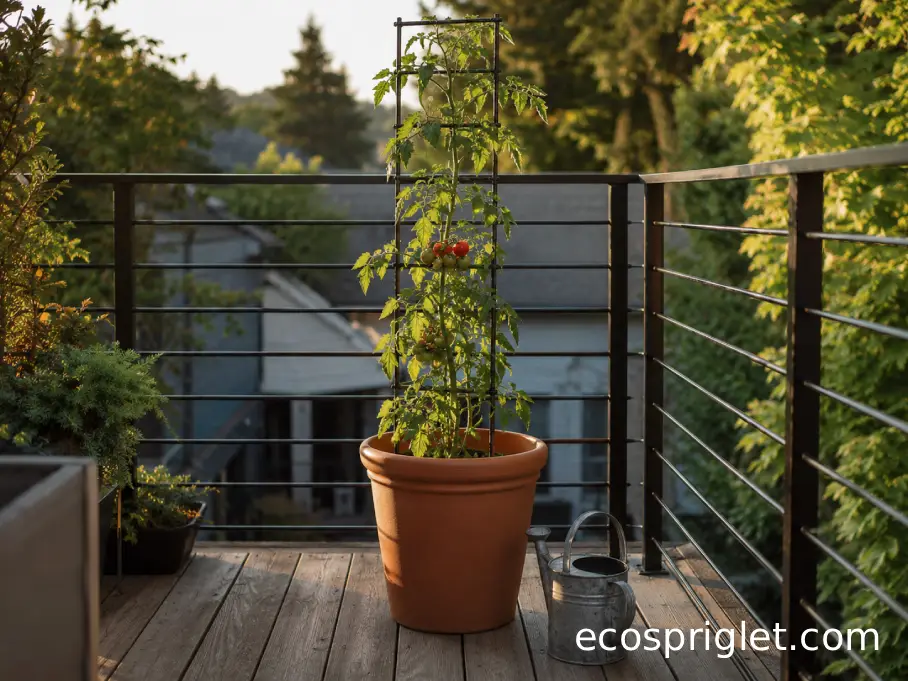 Narrow indeterminate tomato trained vertically beside a balcony railing in a large terracotta container.