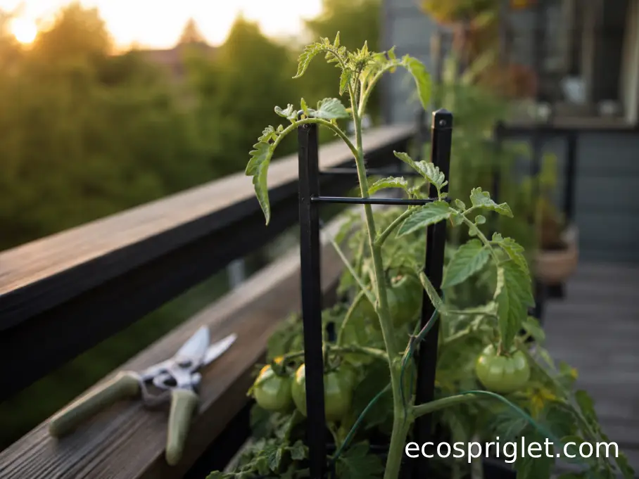 Upper growing tip of a tall indeterminate tomato reaching the top of its balcony trellis late in the season.