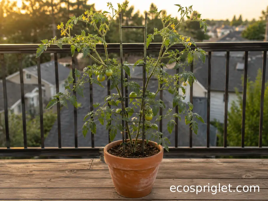 Healthy two-leader tomato with an airy canopy, flower clusters, and developing fruit in a balcony container.