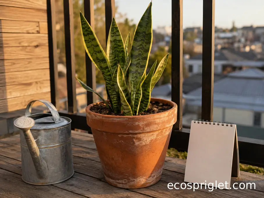 Snake plant in a terracotta pot beside a small calendar and watering can.