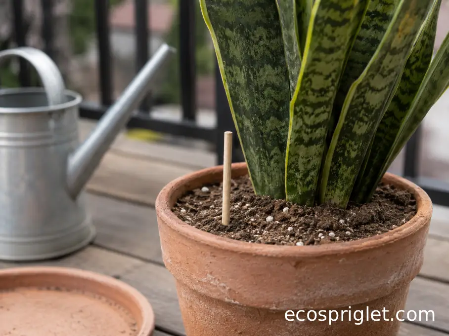 A wooden skewer checks the dry potting mix of an indoor snake plant.