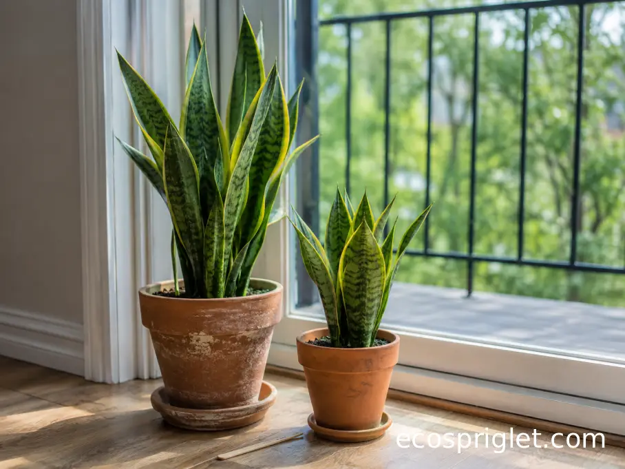 Snake plants in two pot sizes receive bright filtered light near an apartment terrace.