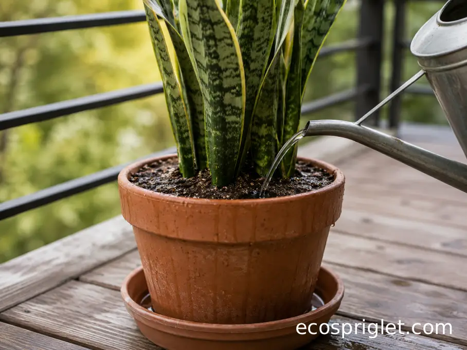 A snake plant is watered slowly over the soil while excess water drains into a tray.