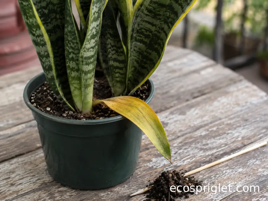 A snake plant displays one yellowing lower leaf beside damp potting mix.