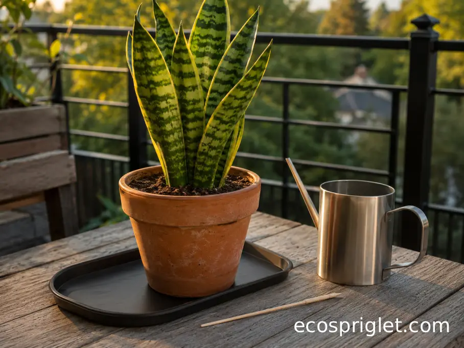 A compact apartment watering station holds a snake plant, tray, skewer, and watering can.